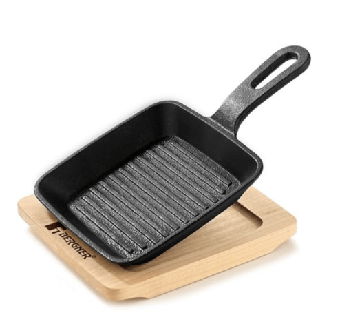 BERGNER Cook & Share 13cm Griddle Pan/Mini Grill Pan, Pre-Seasoned Cast Iron, for Tikkas/Kebabs/French Toast/Sandwiches/Babeque, with Wooden Tray, Less Oil Cooking, Induction and Gas Stove Ready